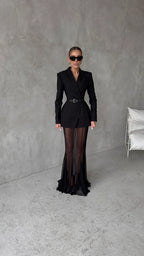 סט שני חלקים אלגנטי בלייזר וחצאית מקסי שיפון - אנסטסיה