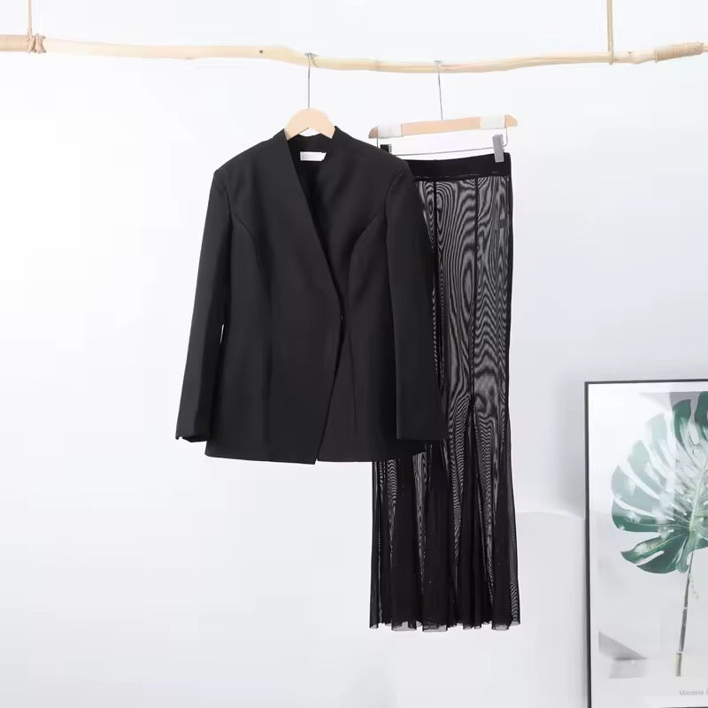 סט שני חלקים אלגנטי בלייזר וחצאית מקסי שיפון - אנסטסיה