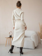 סט סרוג חולצה וחצאית מידי בעיטור כפתורים וכיסים - Danna