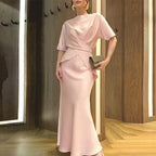 סט סאטן שני חלקים חולצת קשירה בעיצוב קרוס וחצאית מקסי - ליבי