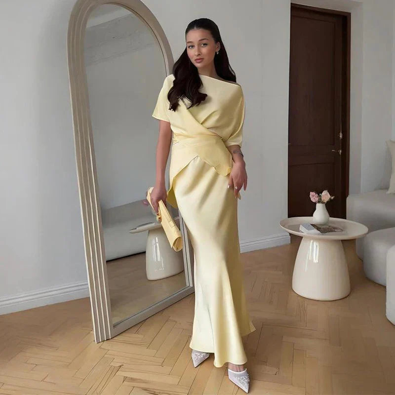 סט סאטן שני חלקים חולצת קשירה בעיצוב קרוס וחצאית מקסי - ליבי