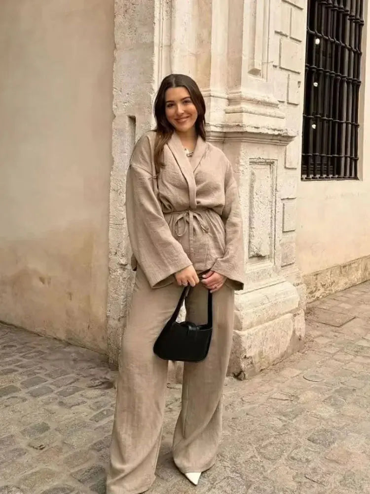 חליפת פשתן שני חלקים חולצת קשירה ומכנסיים ארוכים - אווה