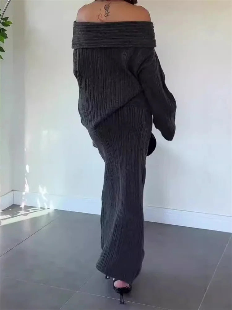 סט סריג שני חלקים חולצת כתפיים חשופות וחצאית מקסי - אילונה