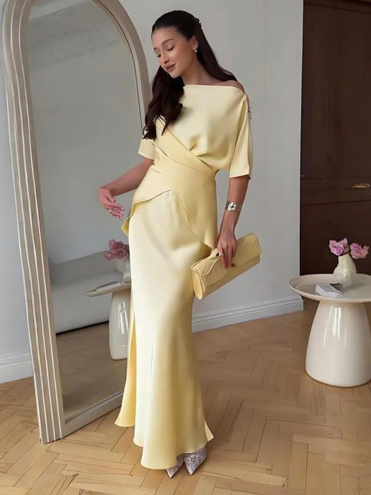 סט סאטן שני חלקים חולצת קשירה בעיצוב קרוס וחצאית מקסי - ליבי