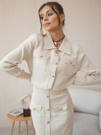 סט סרוג חולצה וחצאית מידי בעיטור כפתורים וכיסים - Danna